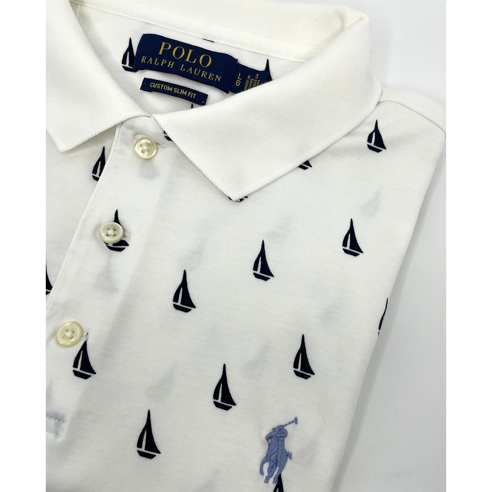 Polo Ralph Lauren Nautical Sailboat Polo Shirt L Custom Slim Blue White Cotton